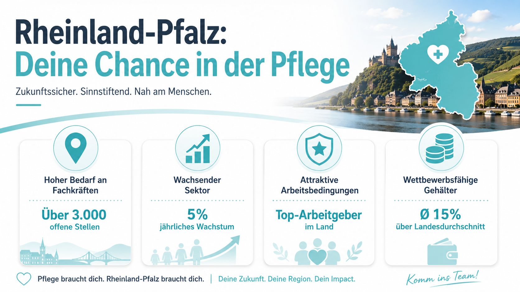 Infografik zur Pflege in Rheinland-Pfalz mit Karrieremöglichkeiten, Wachstumsdaten und attraktiven Arbeitsbedingungen für Fachkräfte im Gesundheitswesen.