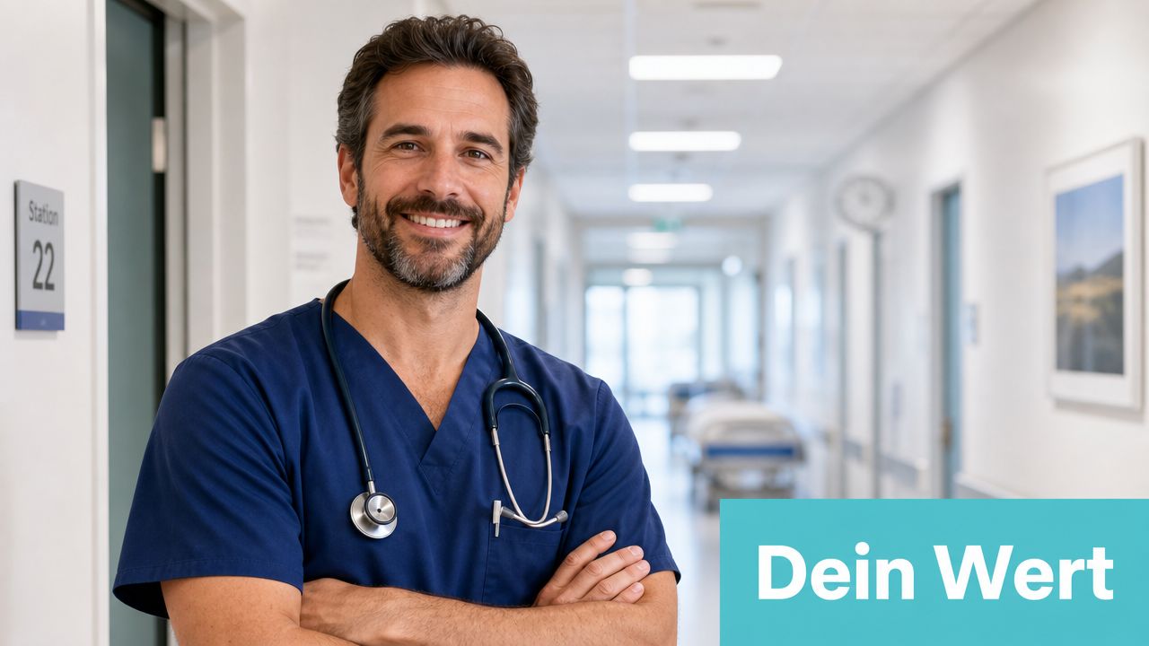 Ein lächelnder männlicher Krankenpfleger mit Stethoskop posiert freundlich in einem hellen Flur einer modernen Klinik.