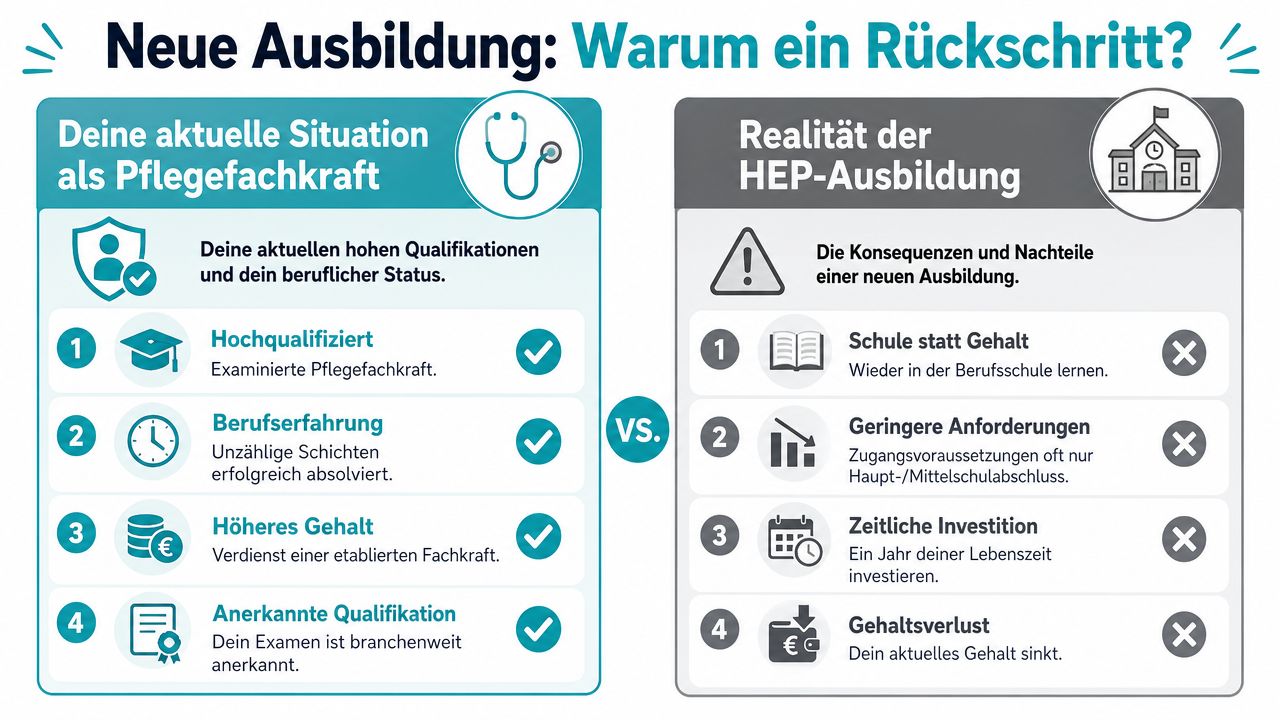 Vergleichsgrafik zwischen der aktuellen Situation als Pflegefachkraft und den Nachteilen einer Ausbildung zum Heilerziehungspflegehelfer.