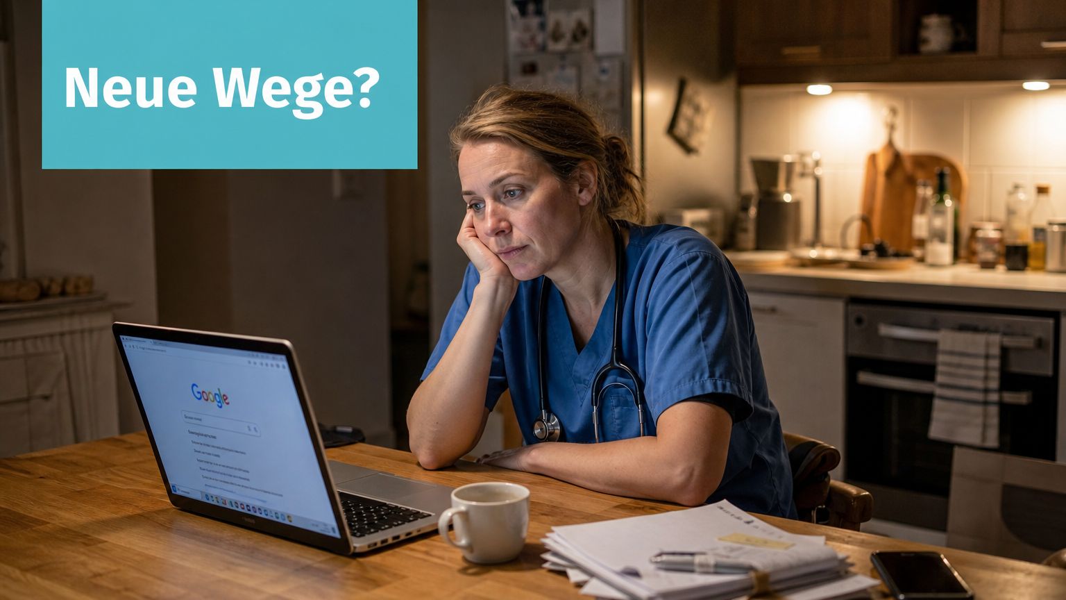Eine erschöpfte Krankenschwester sitzt abends am Küchentisch und sucht nach neuen beruflichen Wegen am Laptop.