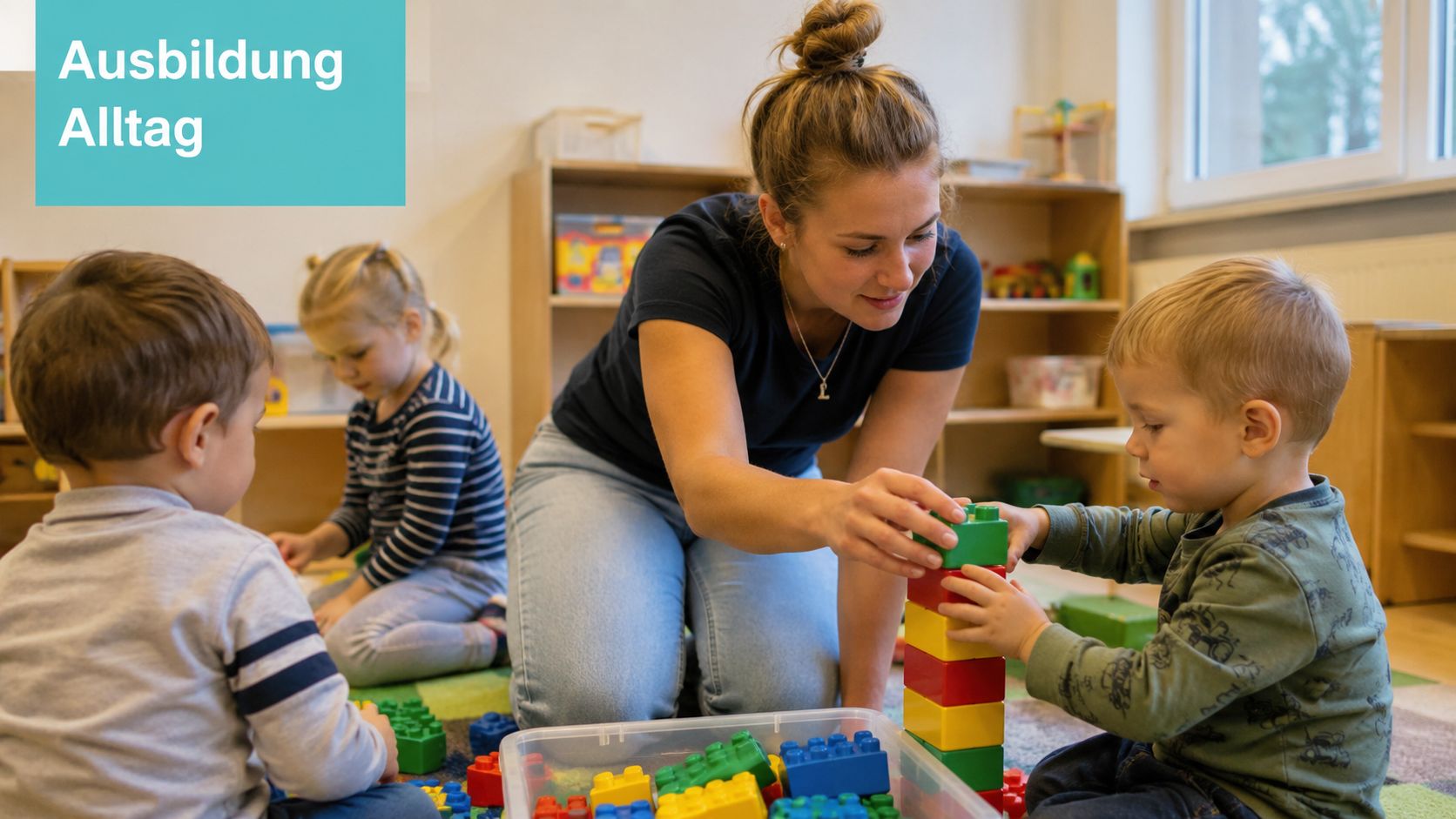 Eine Erzieherin spielt in einem Kindergarten gemeinsam mit Kindern mit bunten Bausteinen auf dem Boden.