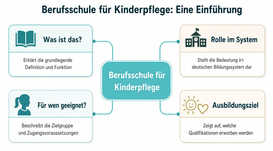 Übersichtsgrafik zur Berufsschule für Kinderpflege, die Definition, Zielgruppen, Systemrolle und Ausbildungsziele der pädagogischen Ausbildung erklärt.
