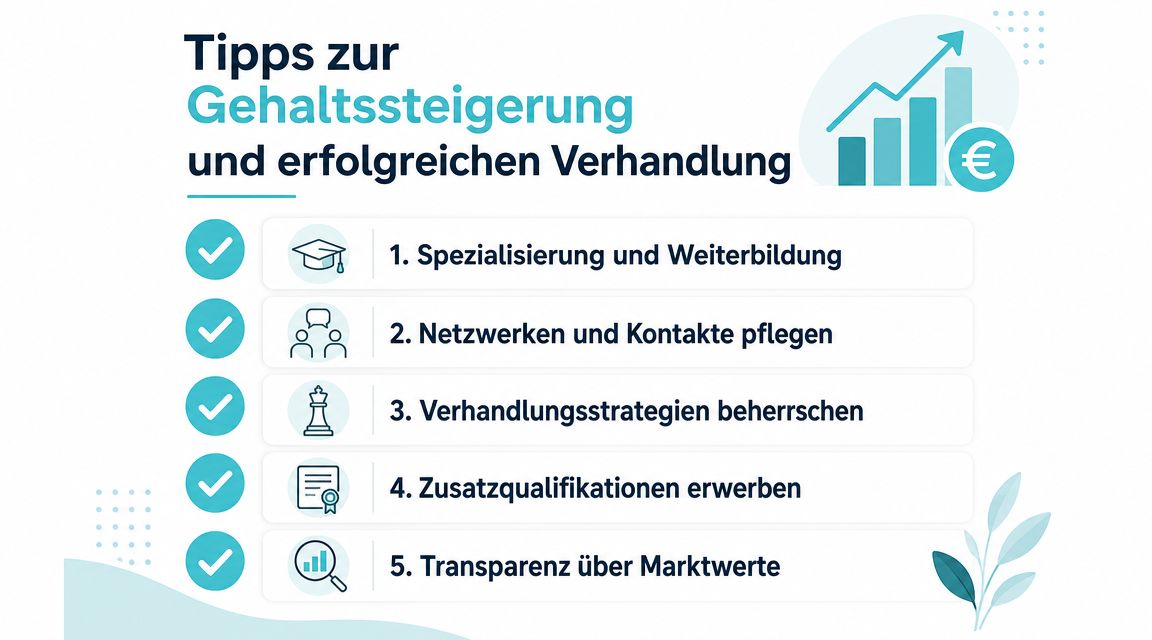 Infografik mit fünf Tipps zur Gehaltssteigerung und erfolgreichen Verhandlungsführung für Arbeitnehmer in Deutschland.