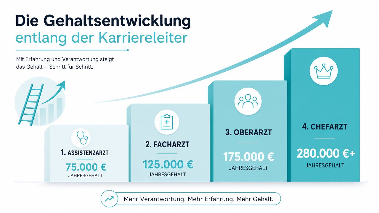 Grafik zur Gehaltsentwicklung von Radiologen auf dem Karriereweg vom Assistenzarzt bis zum Chefarzt mit Jahresgehaltsangaben.