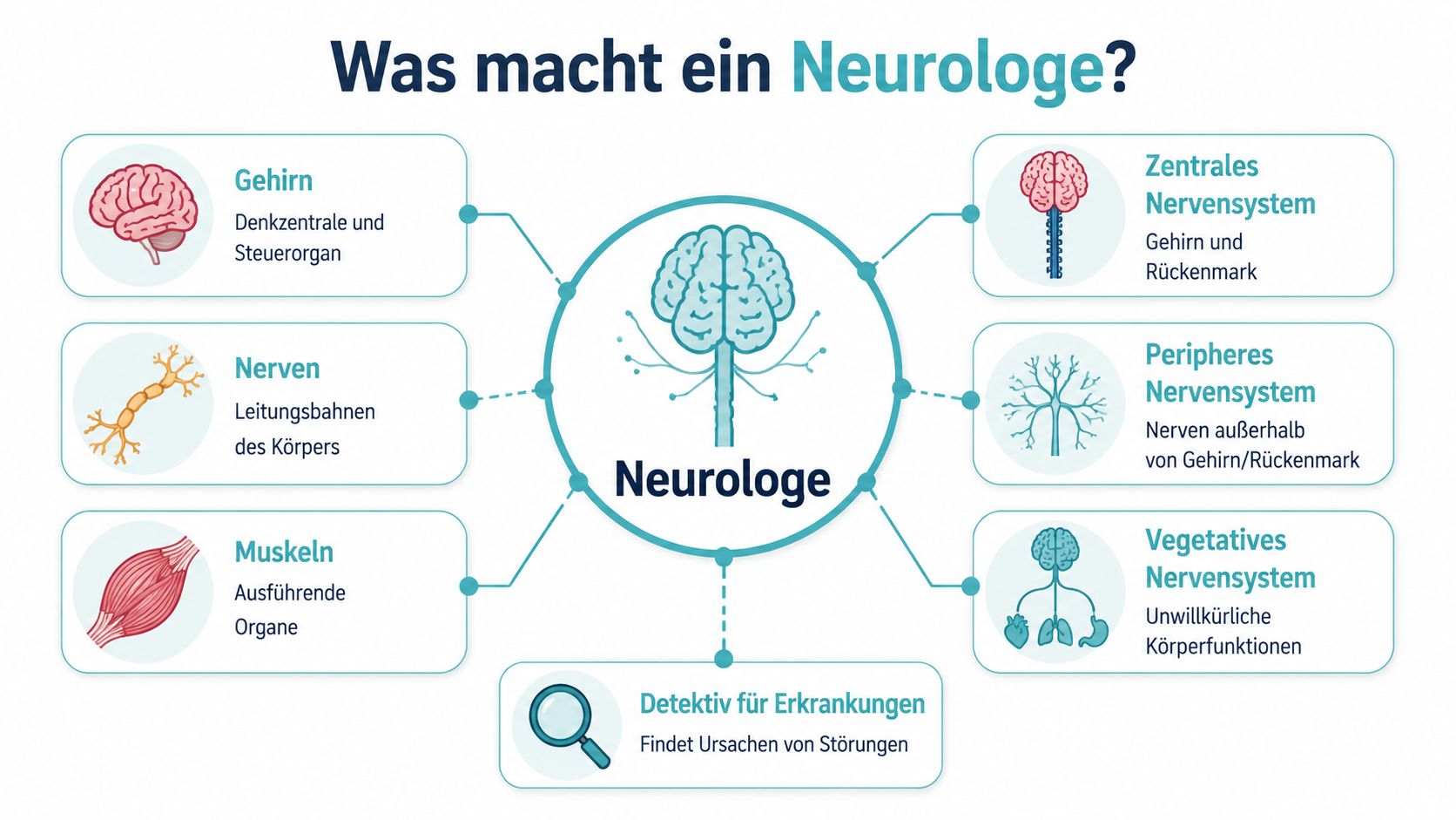Eine Infografik mit dem Titel Was macht ein Neurologe, die die verschiedenen Aufgaben und Fokusbereiche des Neurologen darstellt.
