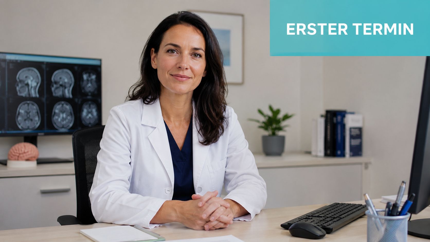 Eine freundliche Neurologin sitzt in ihrer modernen Arztpraxis vor einem Computermonitor mit medizinischen Gehirnscans.