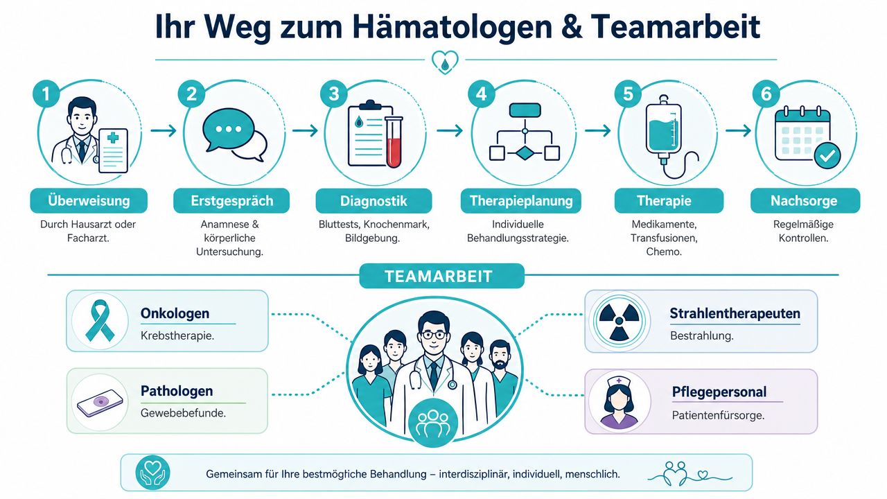 Infografik zeigt den Weg zum Hämatologen in sechs Schritten sowie die interdisziplinäre Teamarbeit bei der Patientenbehandlung.