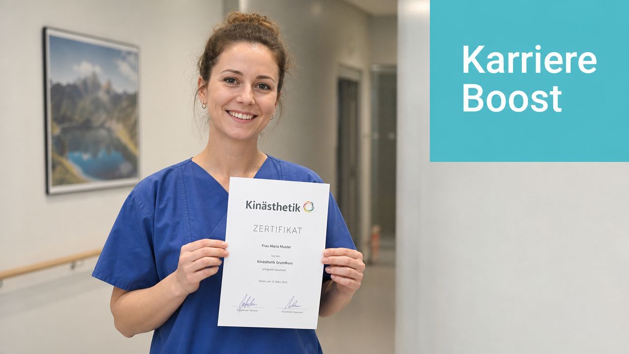 Eine Frau in blauer Arbeitskleidung präsentiert stolz ihr Kinaesthetics-Zertifikat für den erfolgreich absolvierten Grundkurs in einer Klinik.