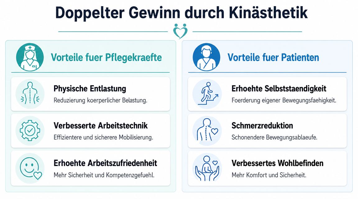 Eine Infografik zeigt die Vorteile von Kinästhetik für Pflegekräfte und Patienten auf einen Blick.