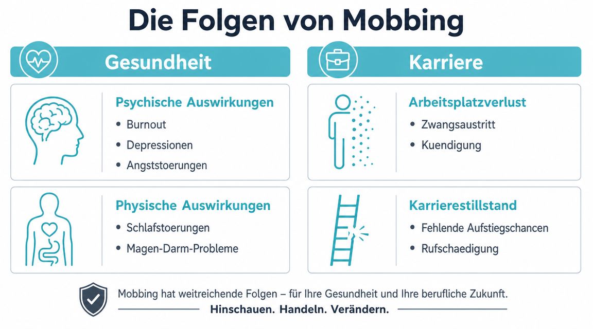 Infografik über die negativen Auswirkungen von Mobbing auf die körperliche sowie psychische Gesundheit und die berufliche Karriere.