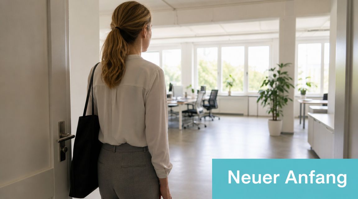 Eine blonde Frau steht im Türrahmen und blickt in ein modernes, helles und leeres Großraumbüro.