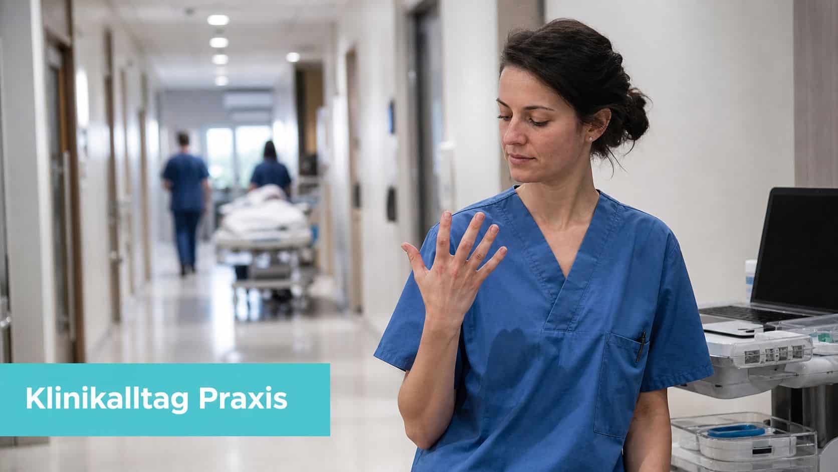 Eine Krankenschwester blickt in einem Krankenhausflur nachdenklich auf ihre Hand, während sie die 5-Finger-Atmungstechnik anwendet.