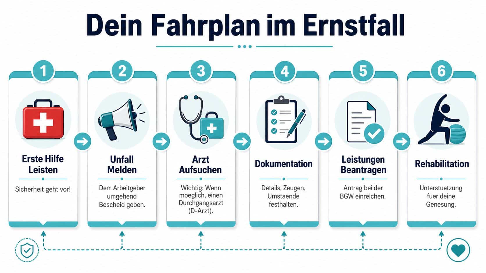 Ein sechsstufiger Prozess in der Grafik zeigt die korrekte Vorgehensweise bei einem Arbeitsunfall für Betroffene.