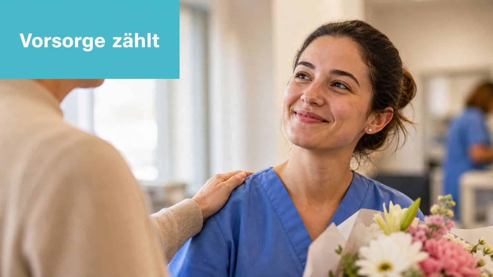 Eine freundliche Pflegekraft im blauen Kittel wird von einer Person dankbar mit Blumen beschenkt.