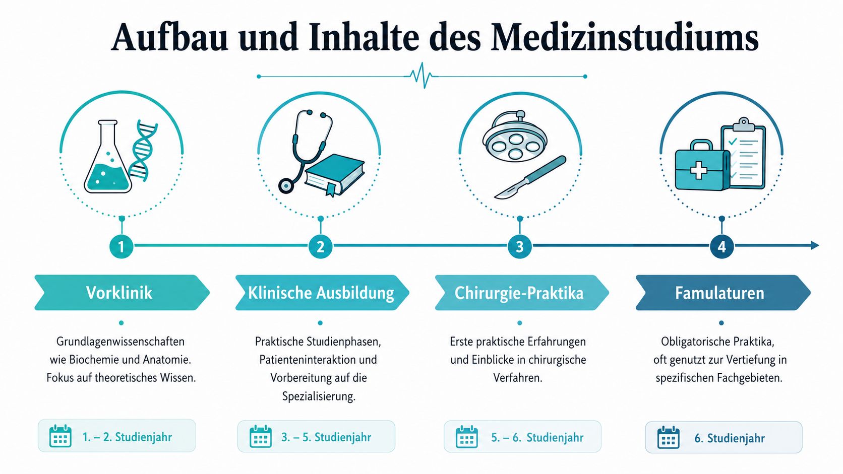 Infografik zum Aufbau und den Inhalten des Medizinstudiums von der Vorklinik bis zu den Famulaturen.