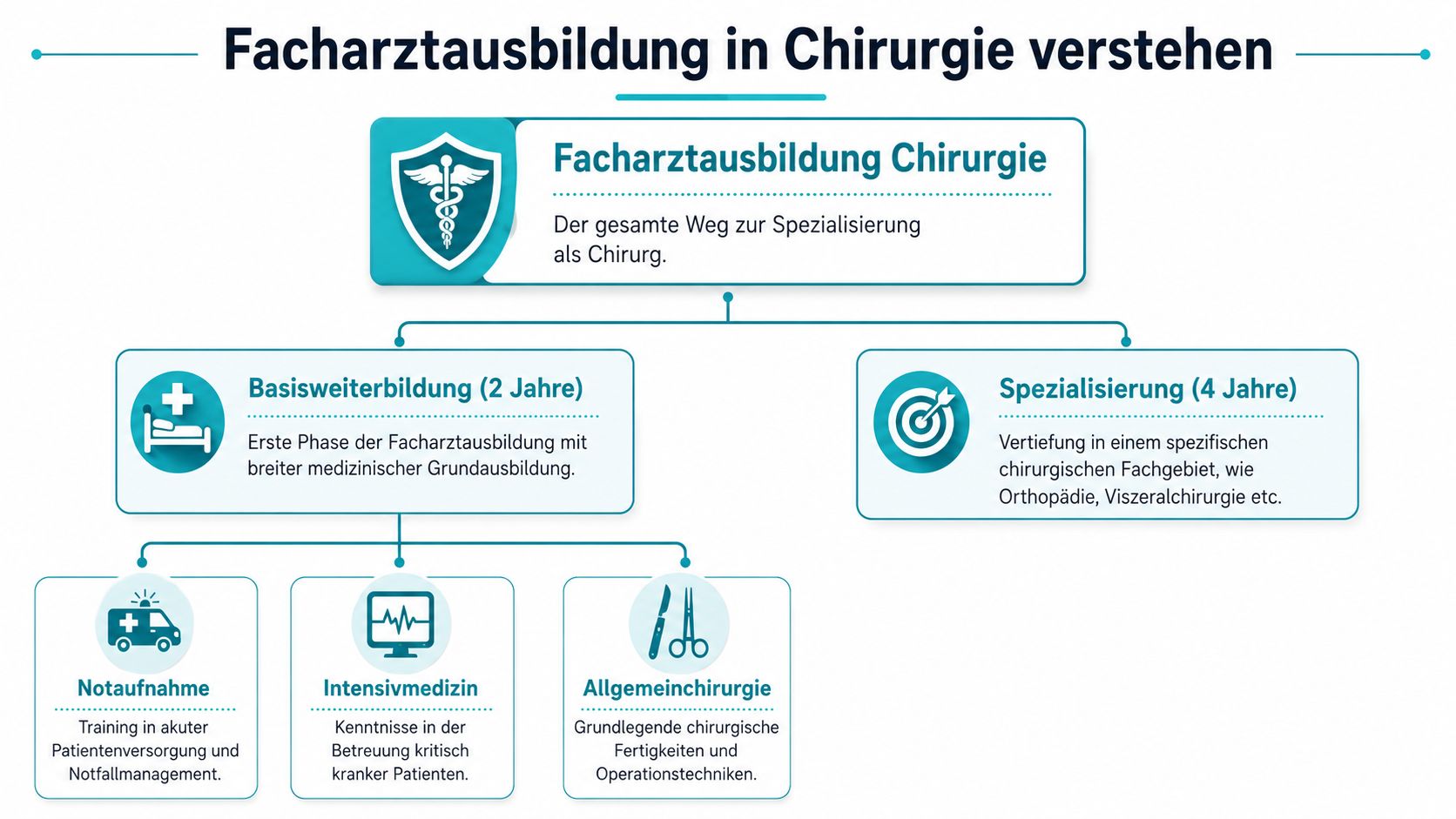 Ein übersichtliches Schaubild zur Facharztausbildung in Chirurgie mit Basisweiterbildung und anschließender Spezialisierung in Deutschland.