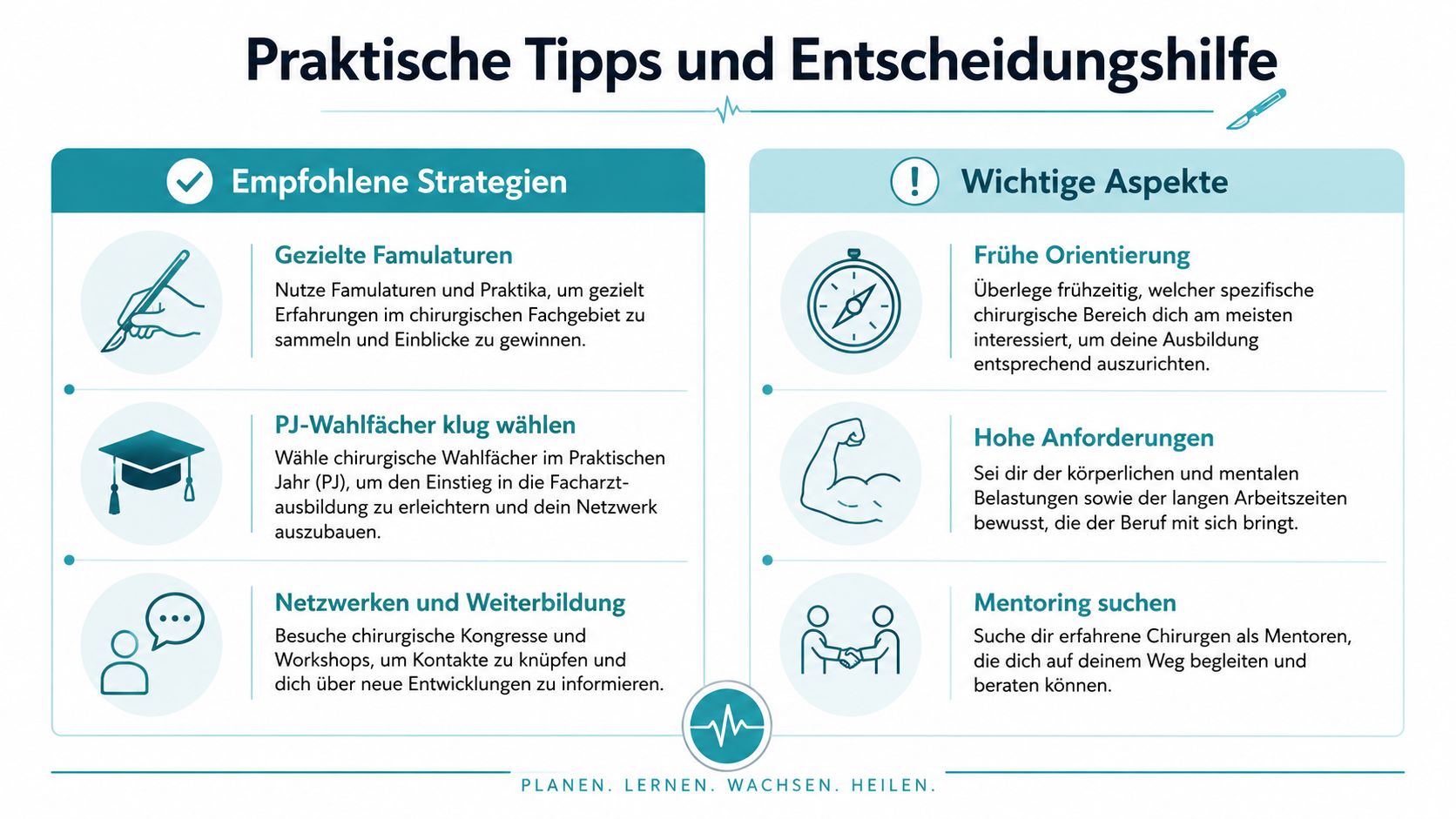 Infografik mit praktischen Tipps und Entscheidungshilfen für Medizinstudierende, die eine Karriere als Chirurgen anstreben.