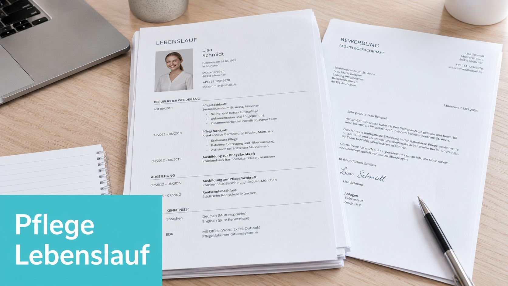 Ein Stapel Bewerbungsunterlagen mit Lebenslauf und Anschreiben für eine Stelle als Pflegefachkraft auf einem Schreibtisch.