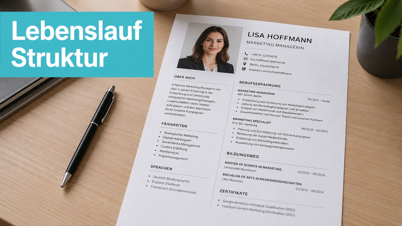 Ein strukturierter Lebenslauf einer Marketing Managerin auf einem Schreibtisch mit Stift und einer Pflanze.