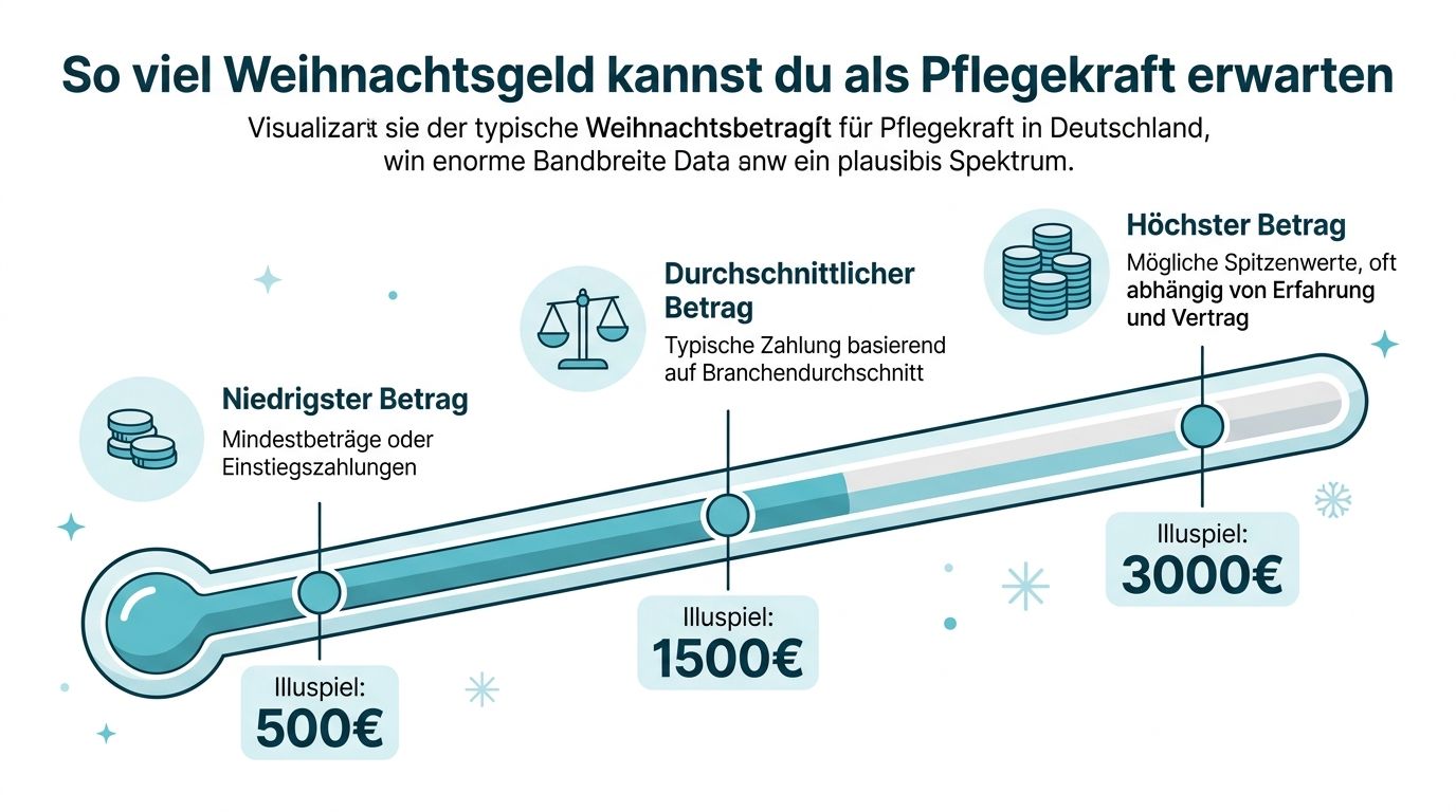 Eine Grafik zeigt die mögliche Spanne für Weihnachtsgeld in Pflegeberufen von 500 Euro bis 3000 Euro.