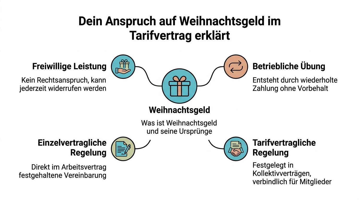 Eine Infografik erklärt die vier rechtlichen Grundlagen für den Anspruch auf Weihnachtsgeld im Arbeits- und Tarifrecht.