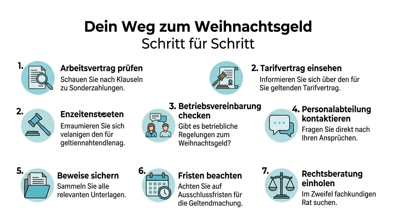 Eine Infografik, die sieben hilfreiche Schritte zur Prüfung und Durchsetzung von Weihnachtsgeldansprüchen im Arbeitsverhältnis beschreibt.