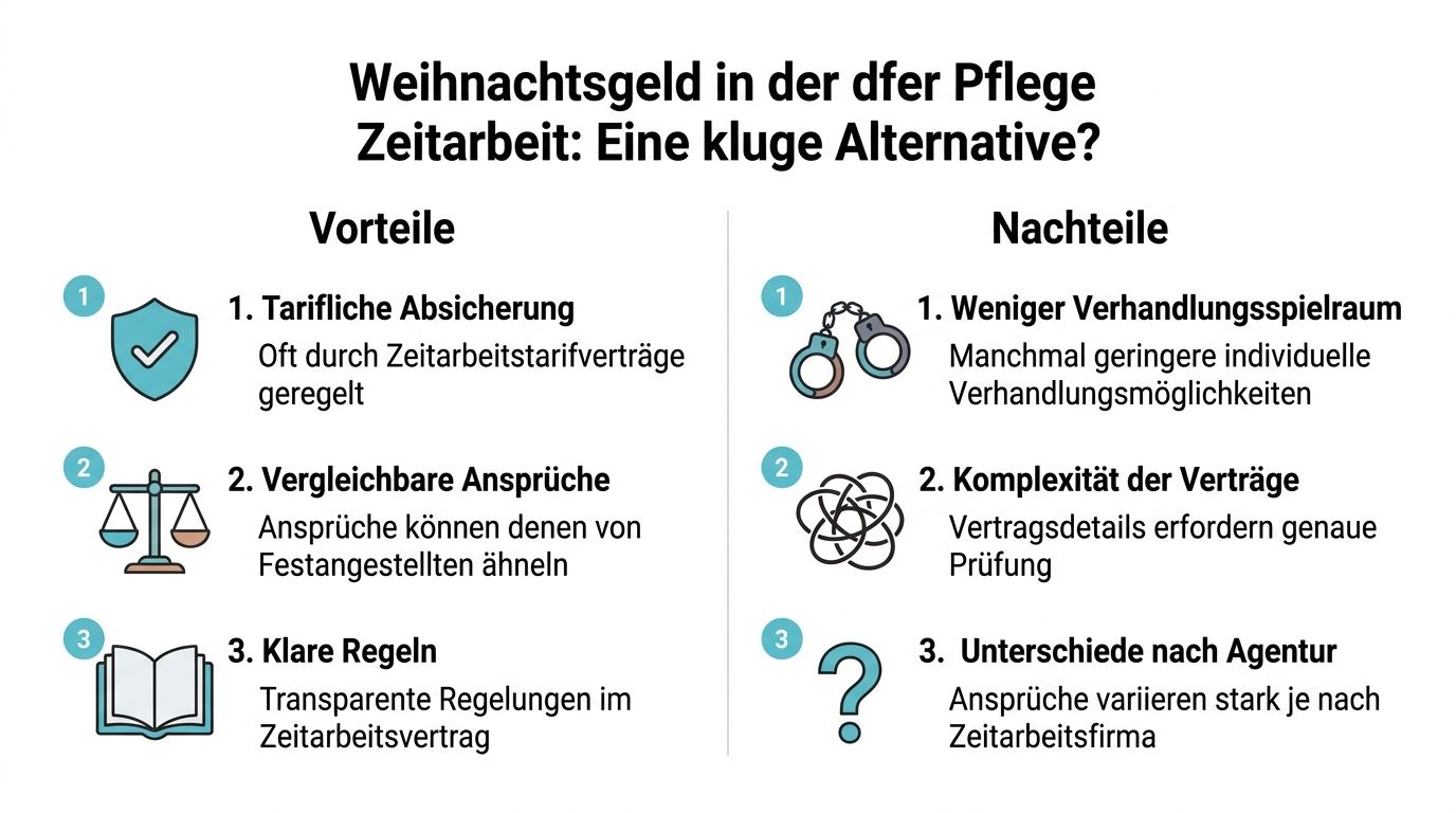 Grafik über Vorteile und Nachteile von Weihnachtsgeld in der Pflege-Zeitarbeit mit klaren Stichpunkten und Symbolen.