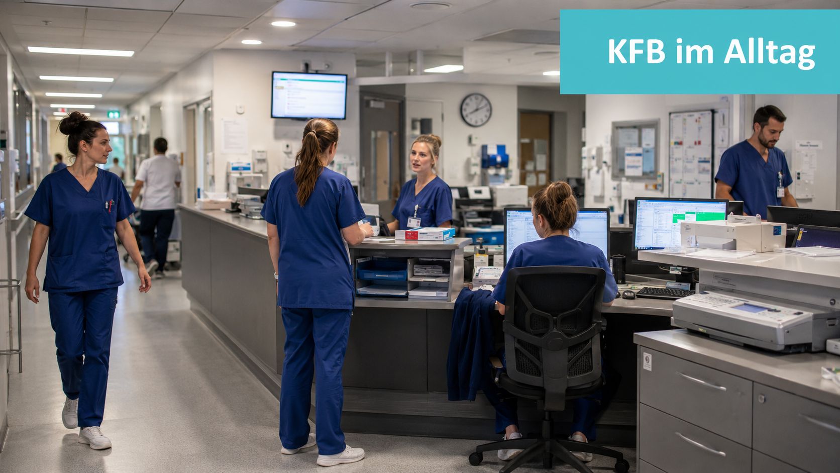 Ein medizinisches Team arbeitet an einem modernen Krankenhaus-Empfang während der kollegialen Fallberatung im Klinikalltag.