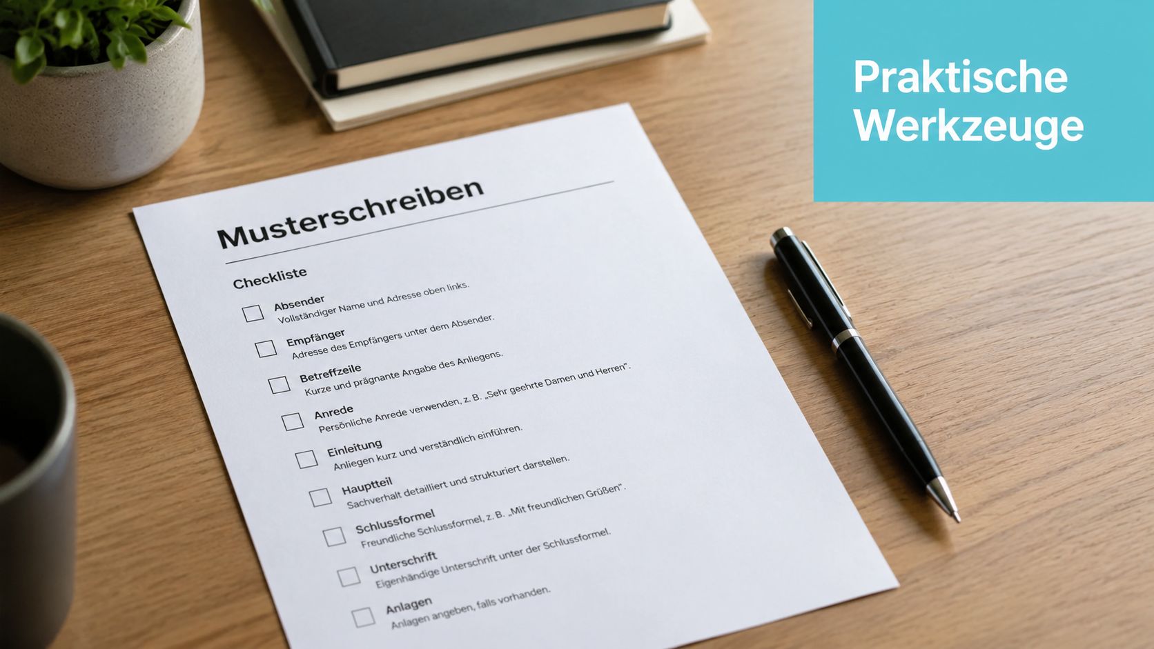 Eine Checkliste für das Erstellen von Musterschreiben liegt auf einem hölzernen Schreibtisch neben einem Stift.