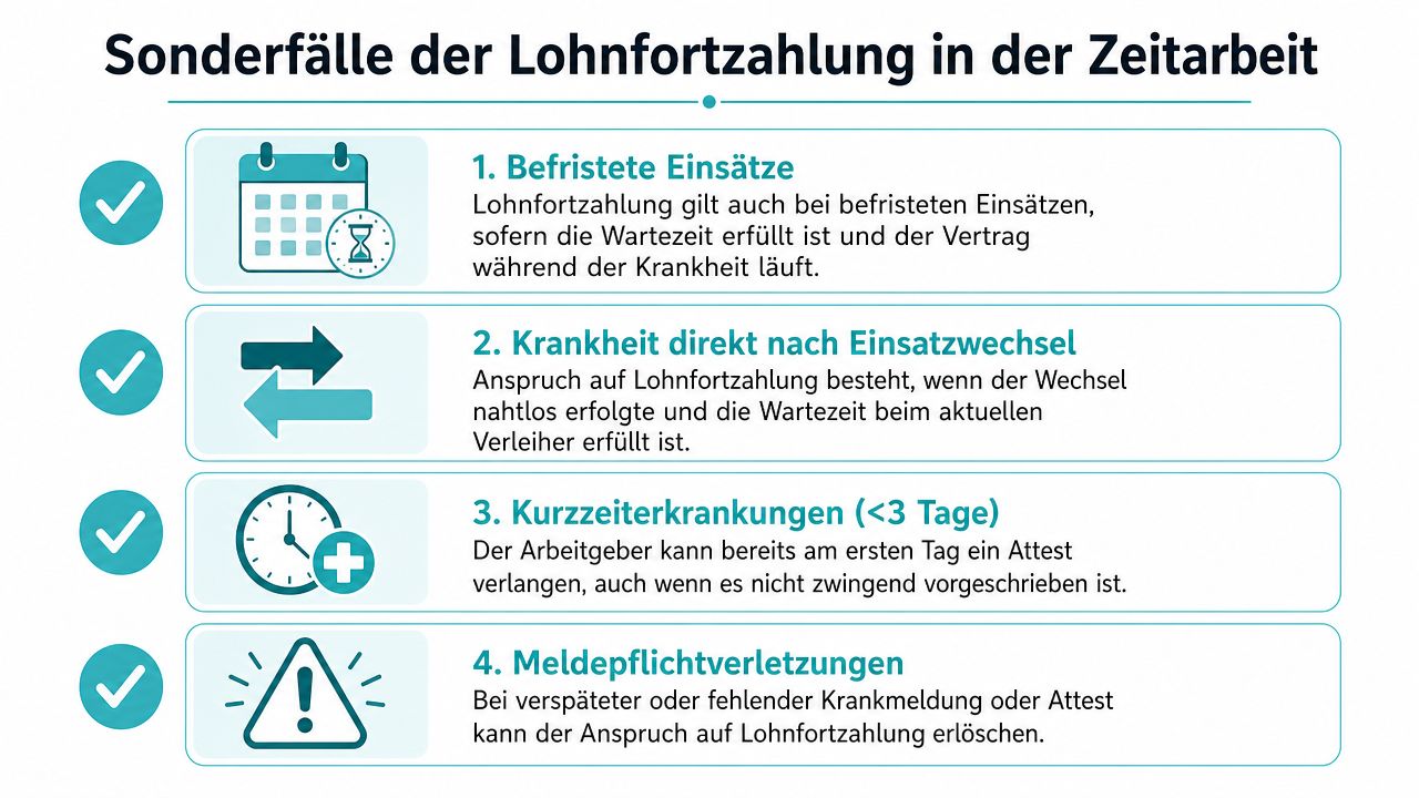 Infografik zu den Sonderfällen der Lohnfortzahlung bei Krankheit in der deutschen Zeitarbeitsbranche.