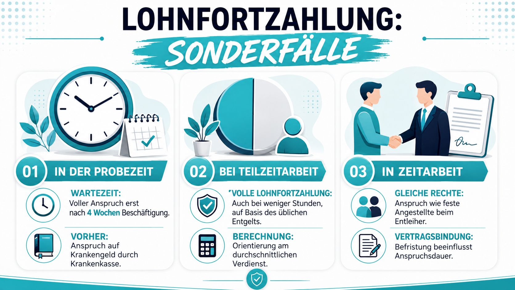 Eine Infografik zur Lohnfortzahlung im Krankheitsfall bei Sonderfällen wie Probezeit, Teilzeit und Zeitarbeit.