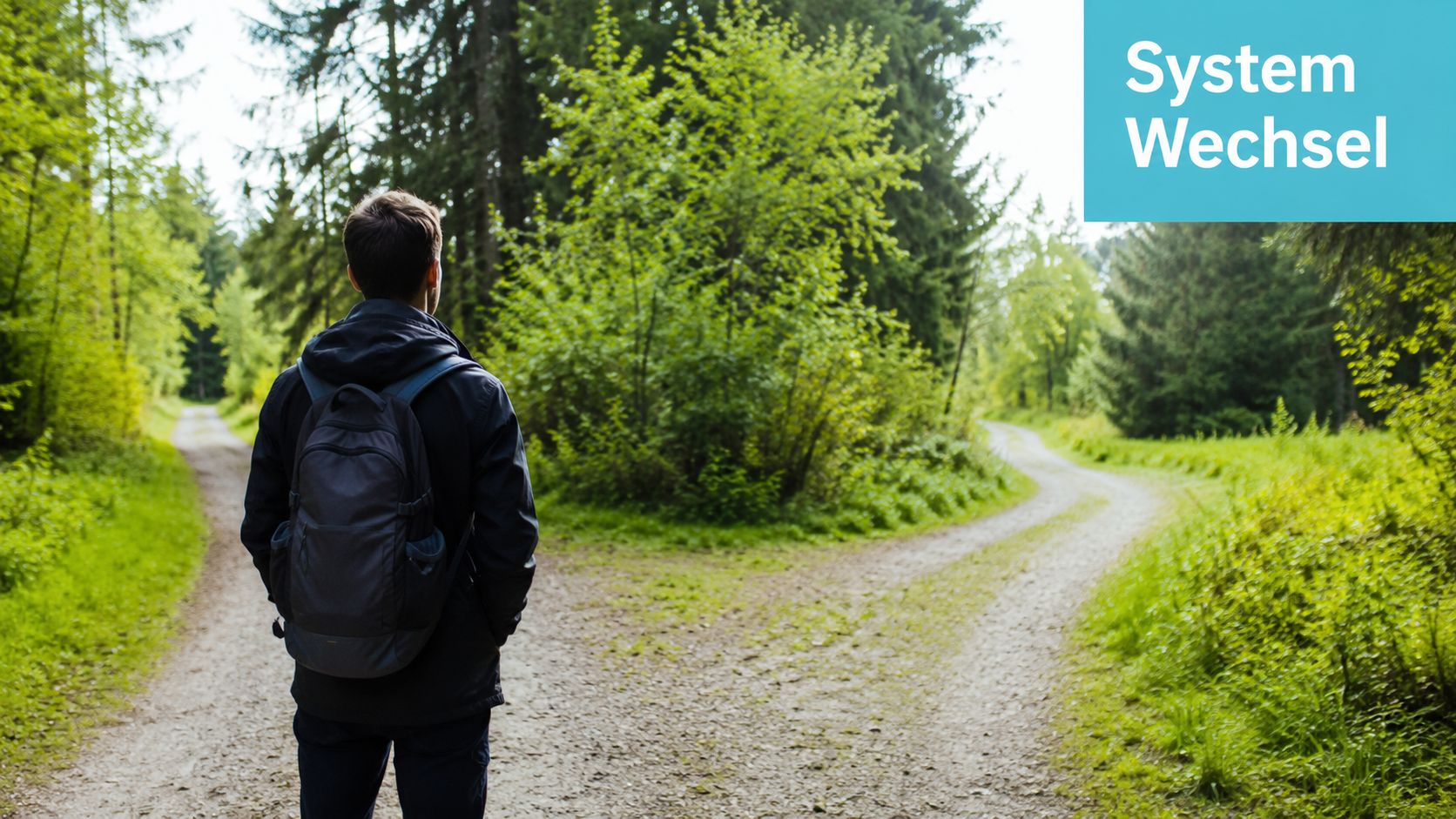 Ein junger Mann mit Rucksack steht an einer Weggabelung in einem Wald und muss eine Entscheidung treffen.
