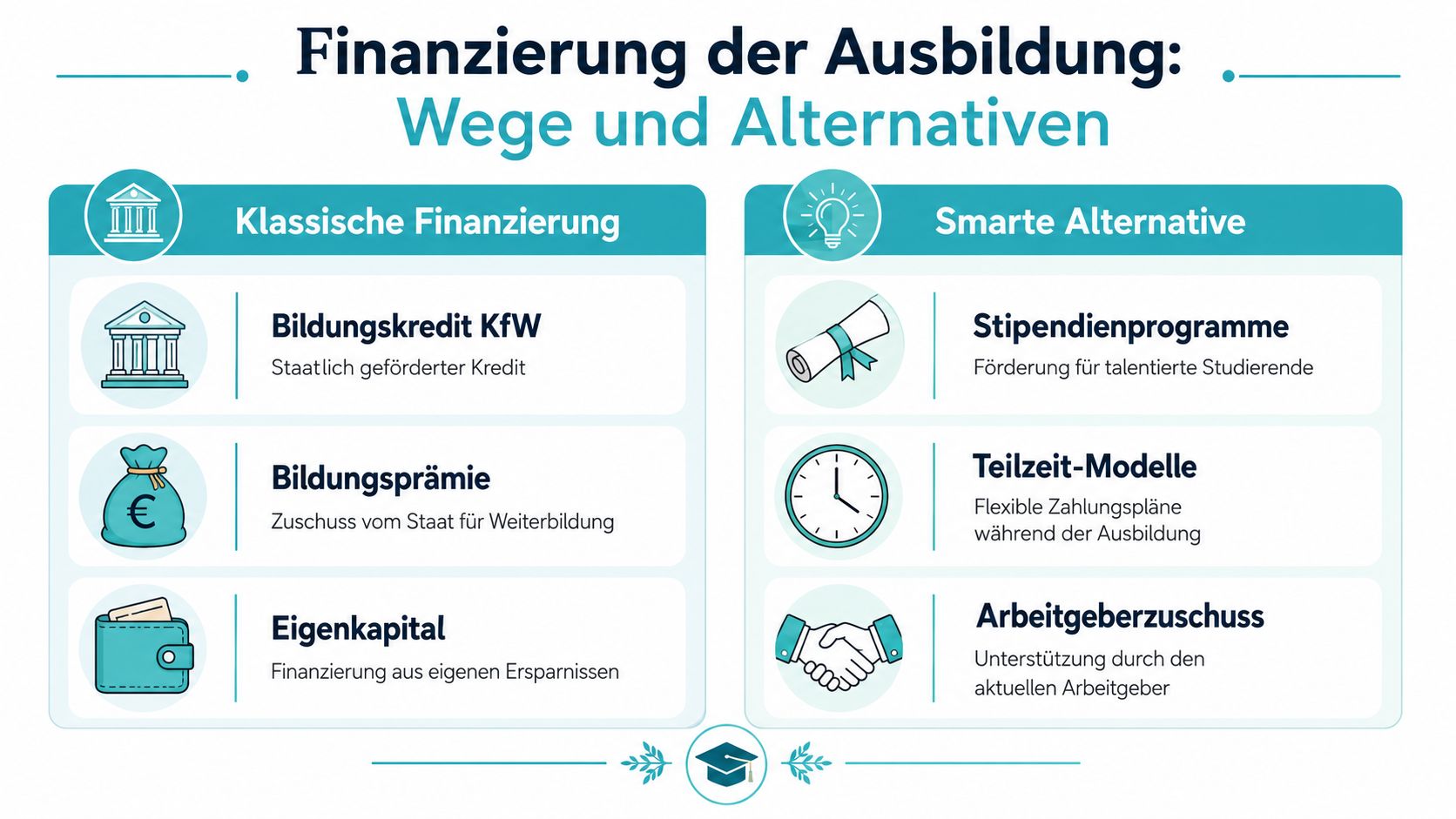 Eine Infografik mit verschiedenen Optionen zur Finanzierung der Ausbildung, unterteilt in klassische Methoden und smarte Alternativen.