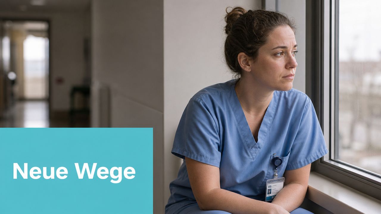 Eine erschöpfte Krankenschwester schaut nachdenklich aus einem Fenster in einem Krankenhausflur, während sie eine Pause macht.