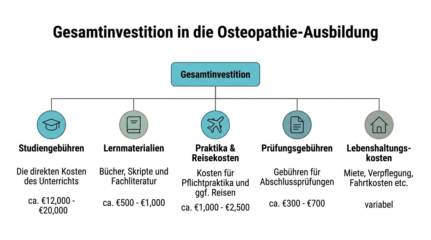 Übersichtsgrafik zur Gesamtaufstellung der finanziellen Investitionen für eine professionelle Ausbildung im Bereich Osteopathie.