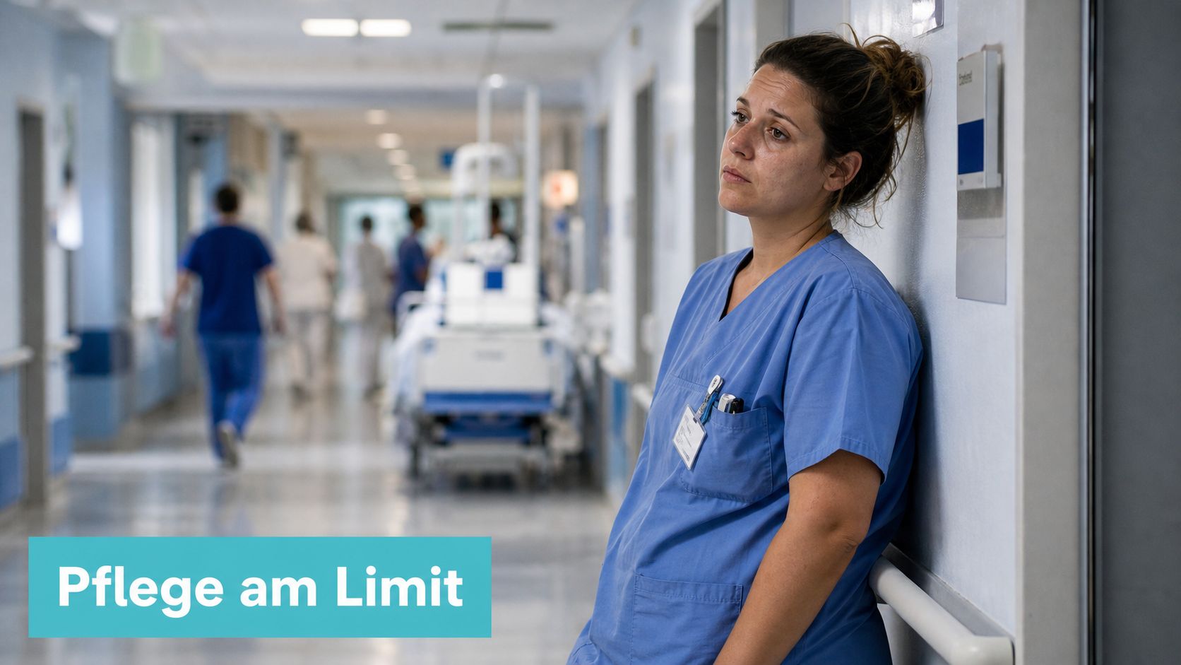 Eine erschöpfte Krankenschwester lehnt müde an einer Krankenhauswand in einem belebten, verschwommenen Flur voller Personal.