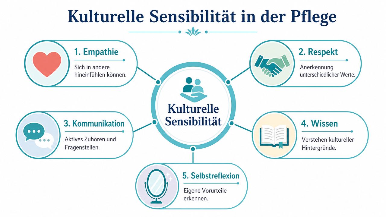 Eine Infografik über kulturelle Sensibilität in der Pflege mit fünf zentralen Aspekten für eine respektvolle Patientenbetreuung.
