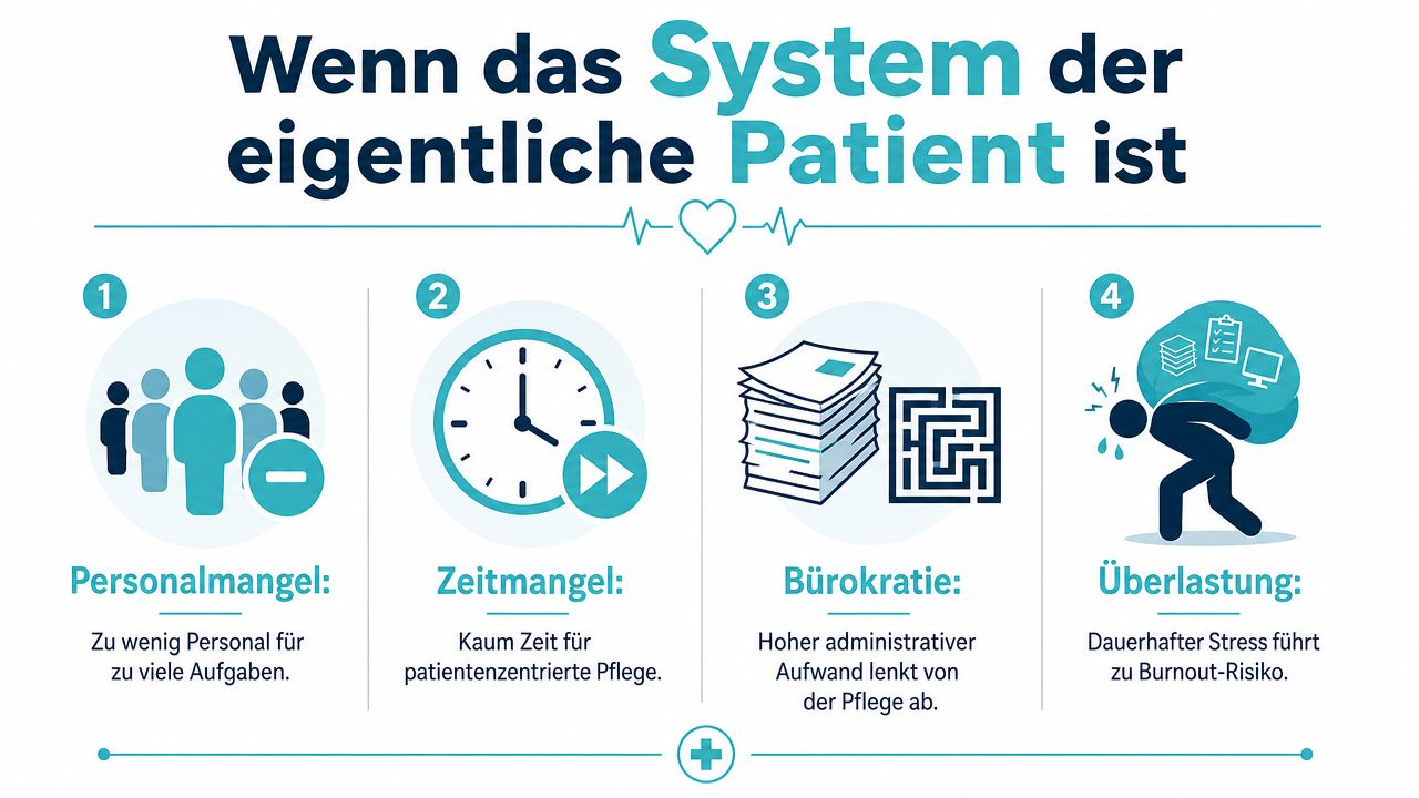 Infografik über die Belastungen des Gesundheitssystems: Personalmangel, Zeitdruck, Bürokratie und die resultierende Überlastung des medizinischen Personals.