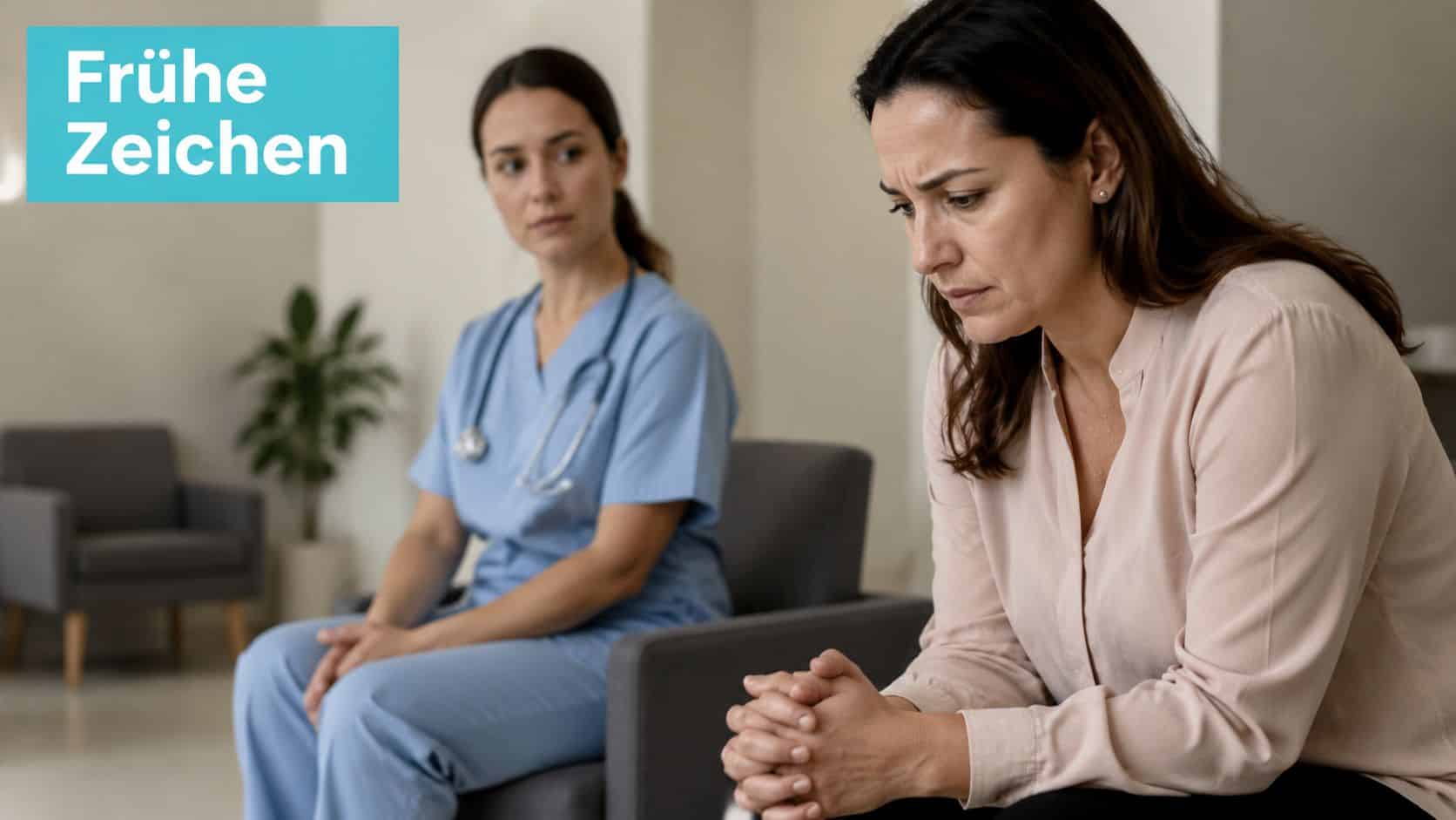 Eine Krankenschwester sitzt neben einer besorgt wirkenden Patientin in einem medizinischen Beratungsgespräch in einer Praxis.