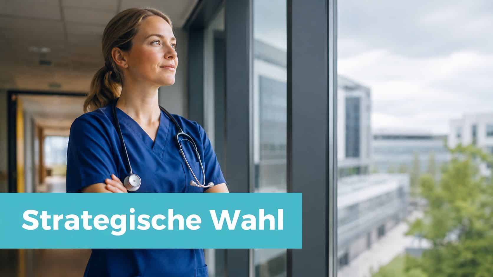 Eine nachdenkliche Ärztin in blauer Arbeitskleidung schaut aus dem Fenster eines modernen Krankenhauses mit dem Text Strategische Wahl.