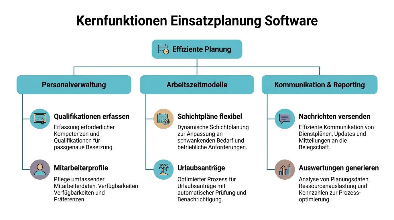 Strukturdiagramm der Kernfunktionen einer Einsatzplanungssoftware für Personalverwaltung, Arbeitszeitmodelle, Kommunikation sowie Reporting in einem Unternehmen.