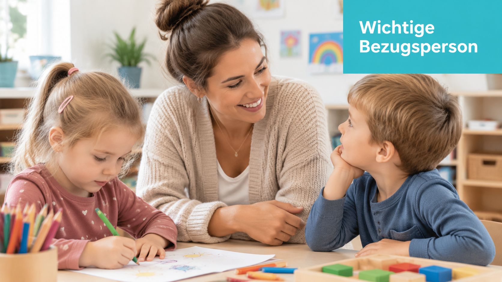 Eine freundliche pädagogische Assistentin unterstützt Kinder beim Zeichnen und Spielen in einer hellen Kita-Umgebung.
