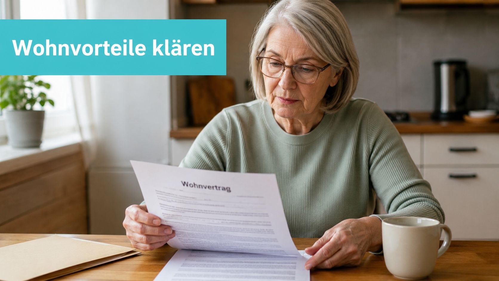 Eine ältere Frau sitzt am Küchentisch und liest aufmerksam einen Wohnvertrag, um ihre Wohnvorteile zu klären.