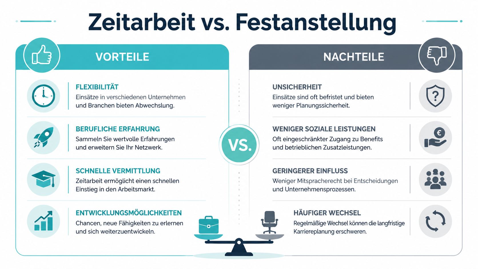 Vergleichsgrafik zwischen Zeitarbeit und Festanstellung mit verschiedenen Vor- und Nachteilen für Arbeitnehmer in der Übersicht.
