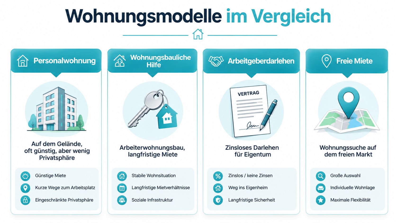 Vergleich verschiedener Wohnungsmodelle für Arbeitnehmer, von Personalwohnungen über Arbeitgeberdarlehen bis hin zur freien Miete auf dem Immobilienmarkt.