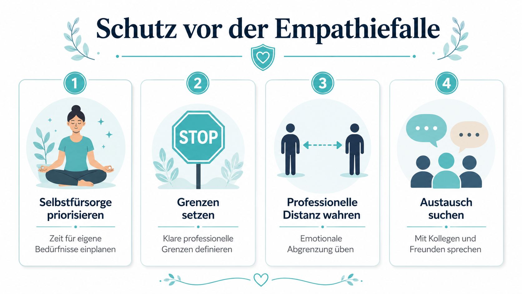 Eine Infografik mit vier Schritten zum Schutz vor der Empathiefalle in beruflichen und persönlichen Situationen.