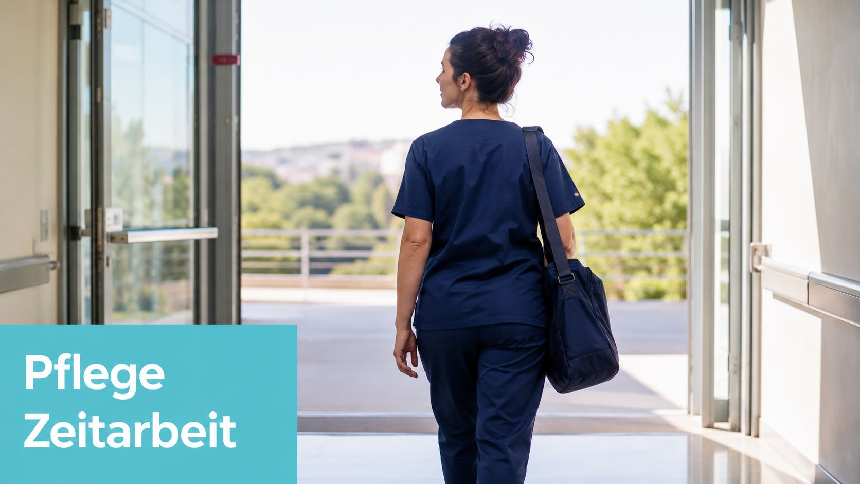 Eine Pflegekraft in dunkelblauer Arbeitskleidung verlässt mit einer Tasche ein Gebäude durch eine geöffnete gläserne Tür.