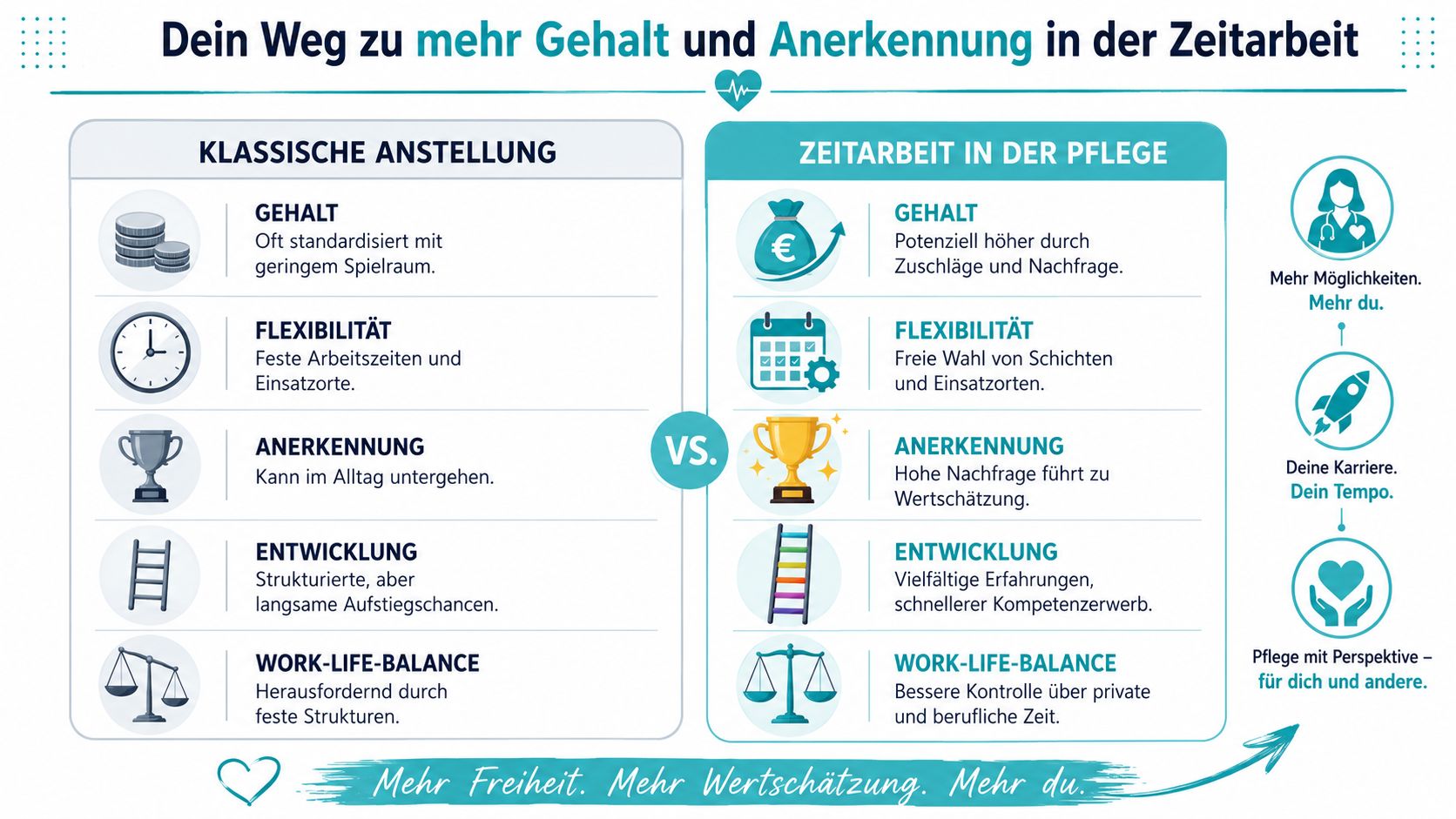 Vergleich zwischen klassischer Anstellung und Zeitarbeit in der Pflege zur Steigerung von Gehalt und Anerkennung.