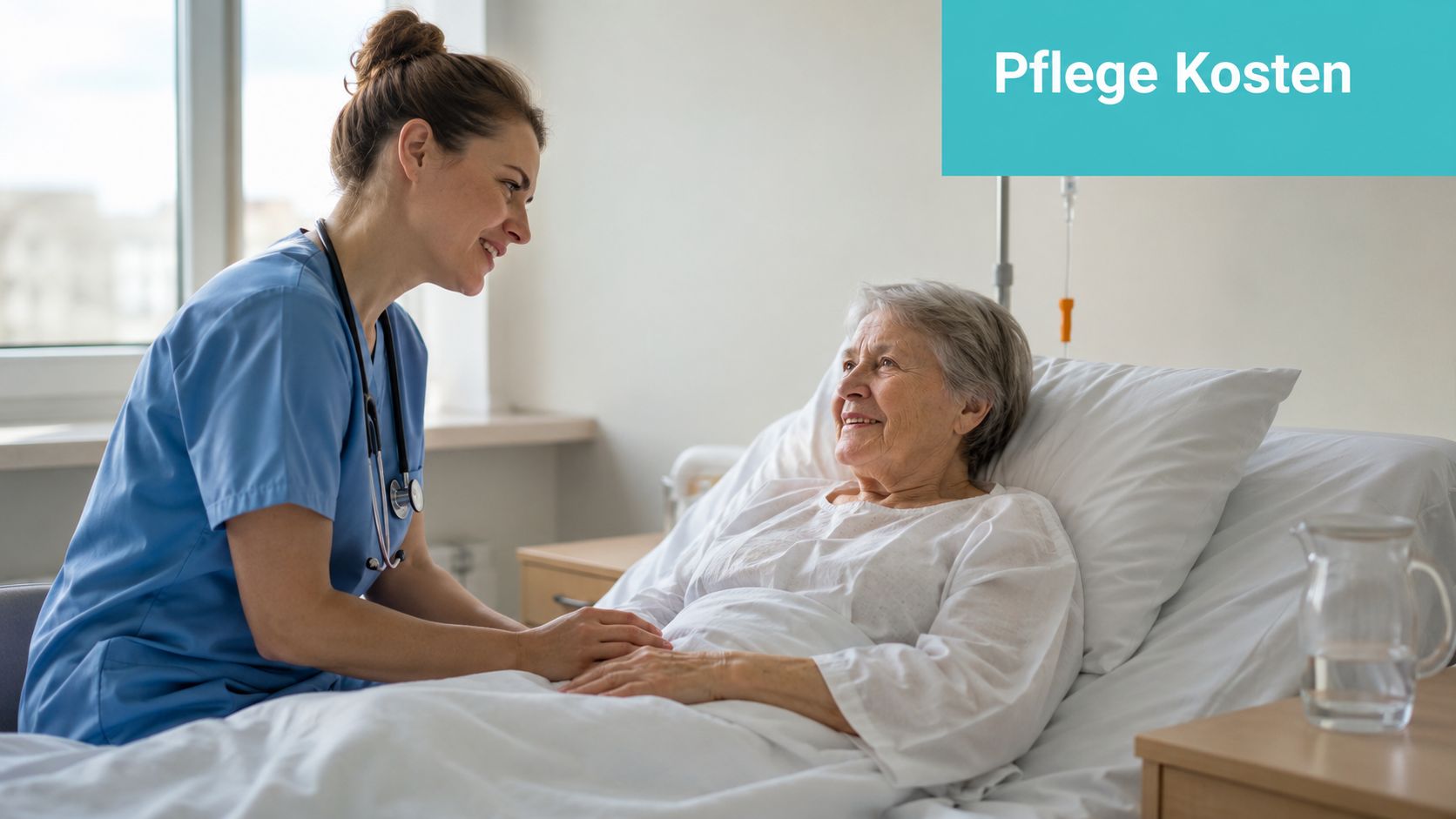 Eine freundliche Pflegekraft hält die Hand einer älteren Patientin, die in einem Krankenhausbett liegt und lächelt.