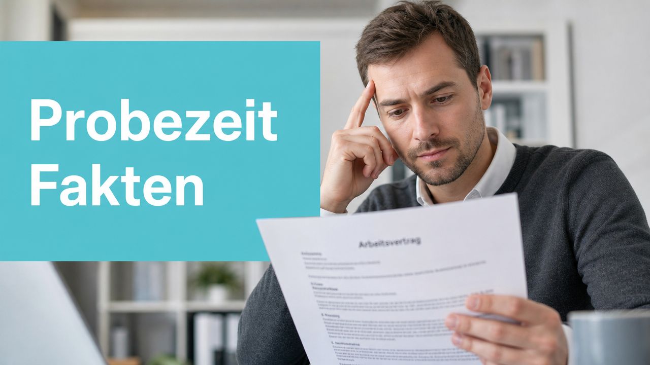 Ein nachdenklicher Mann liest aufmerksam einen Arbeitsvertrag in seinem Büro, um sich über Probezeit und Kündigung zu informieren.